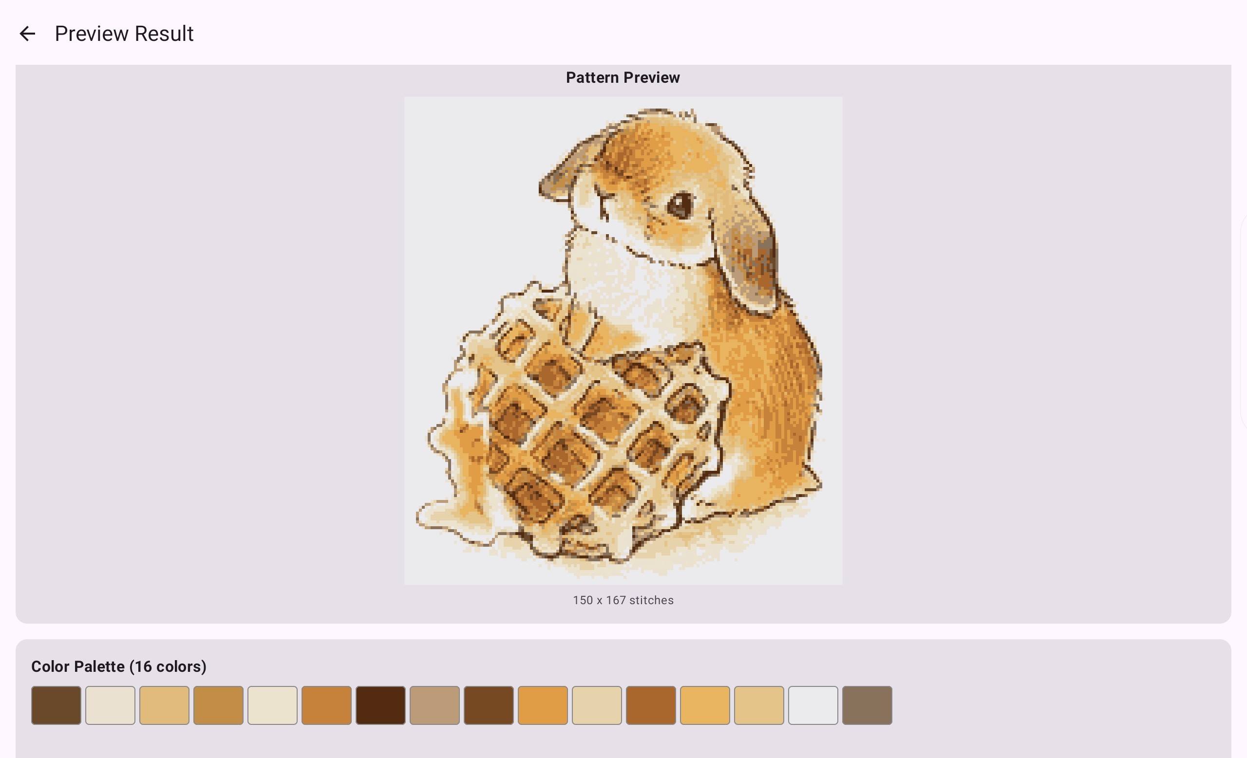 Generated pattern preview with its DMC colour palette