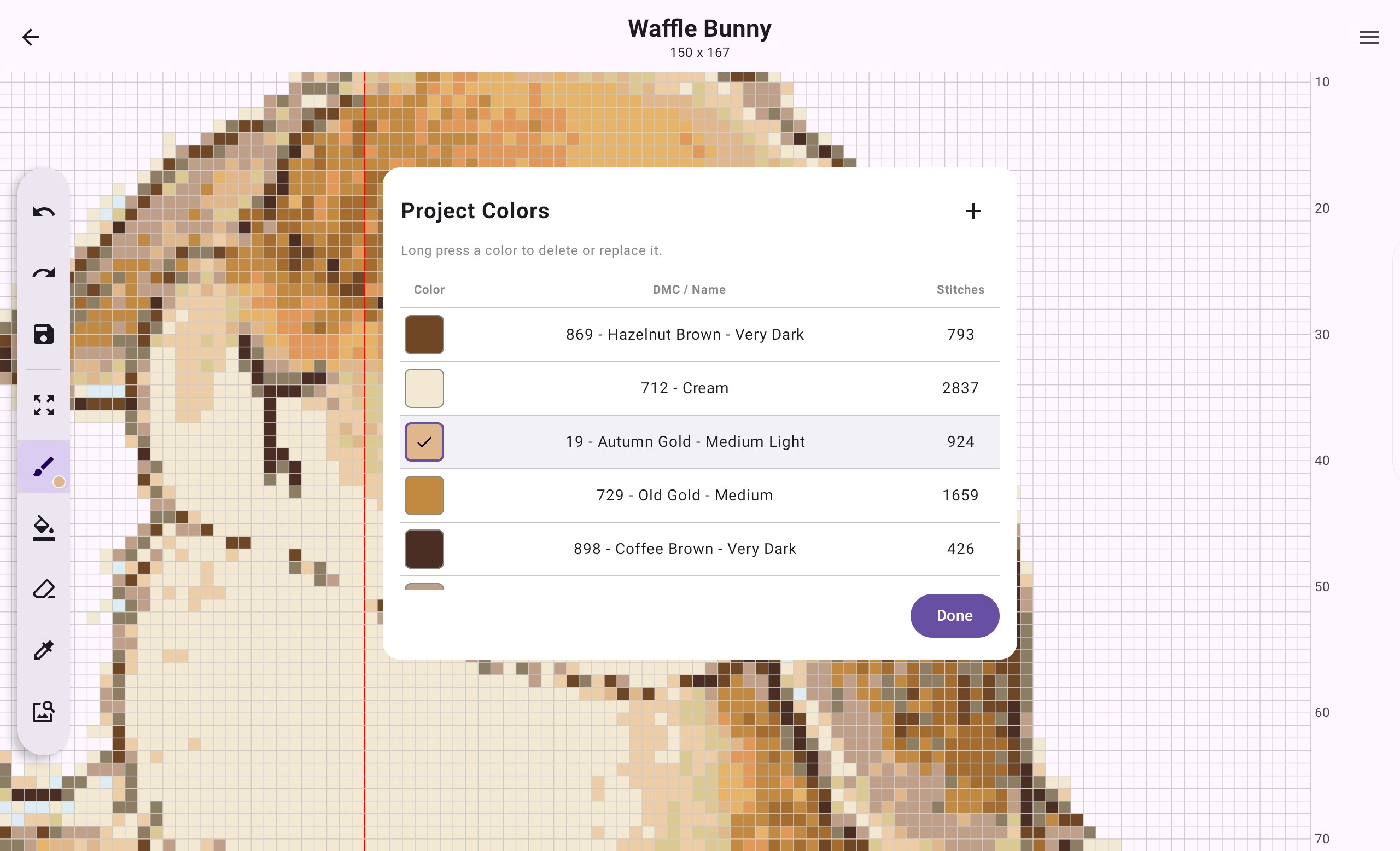 Project colours list with DMC names and stitch counts