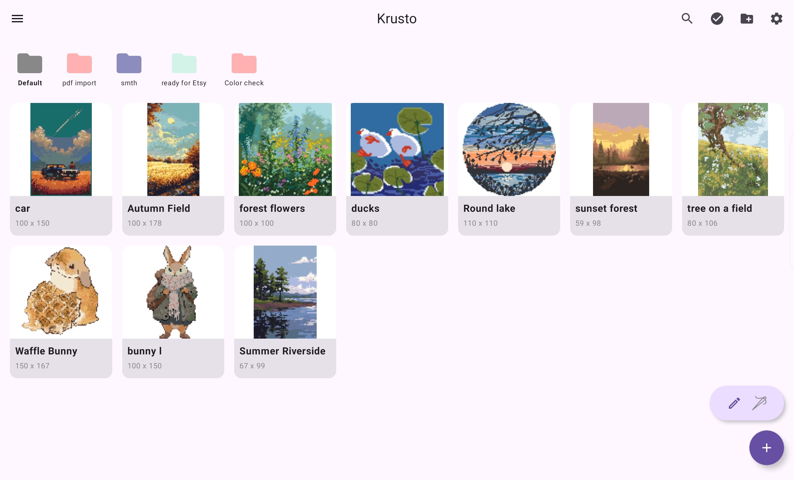 Krusto home gallery with pattern projects and folders