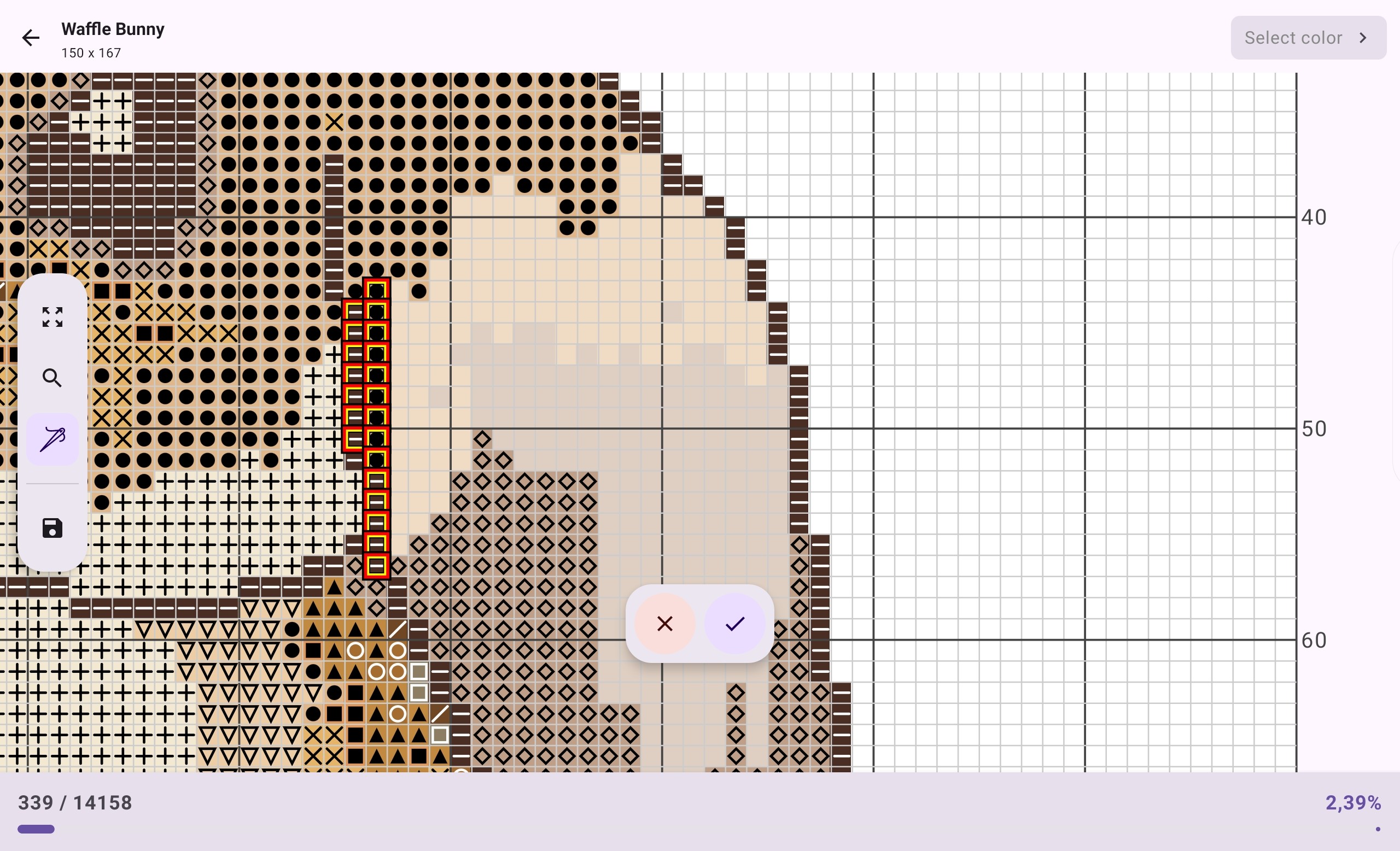 Stitch progress tracking with a completed-stitch counter