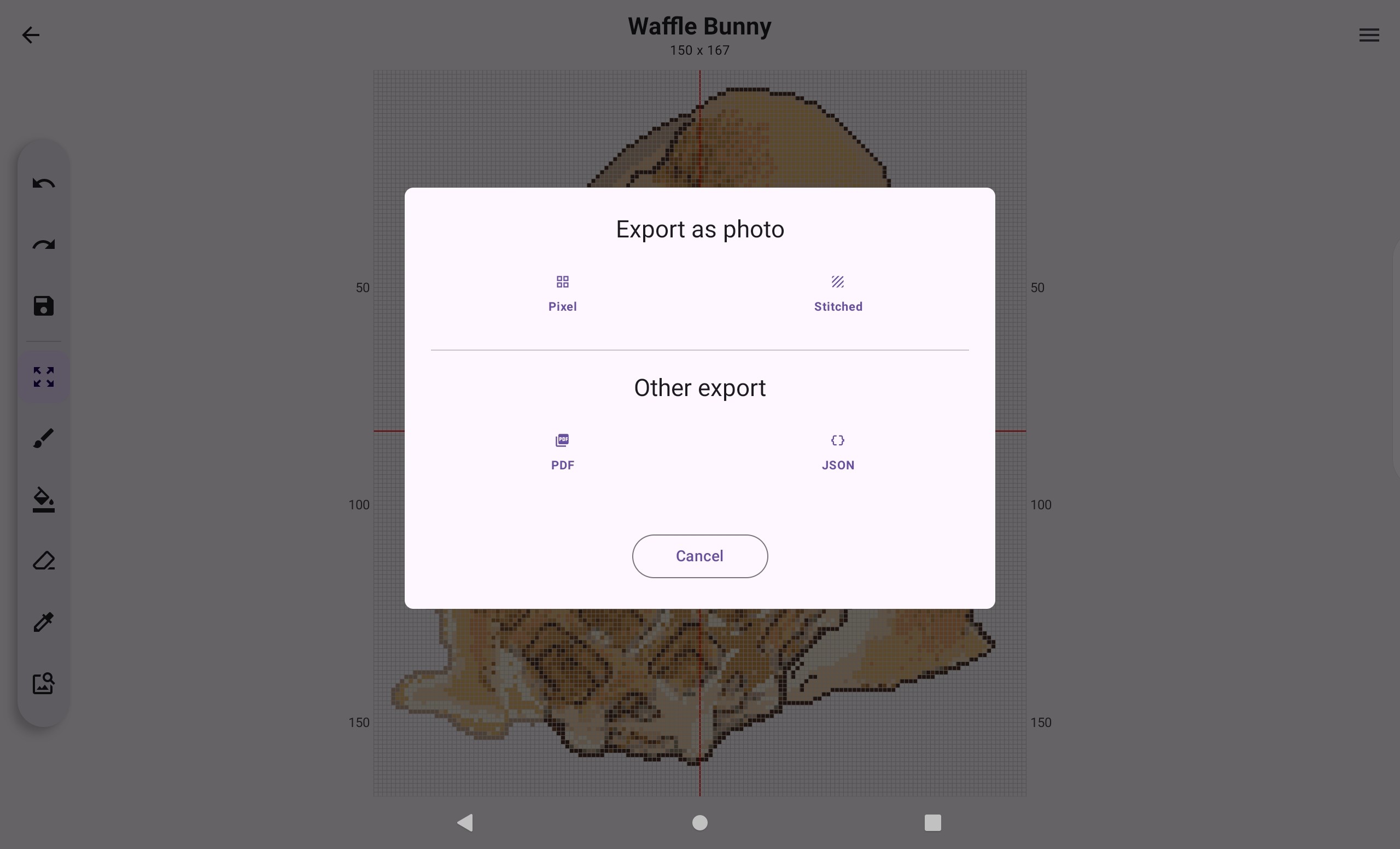 Export options: pixel, stitched, PDF and JSON