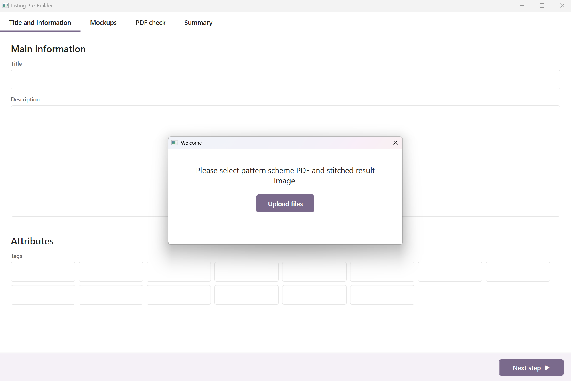 Listing Builder welcome dialog prompting to upload the pattern PDF and stitched image