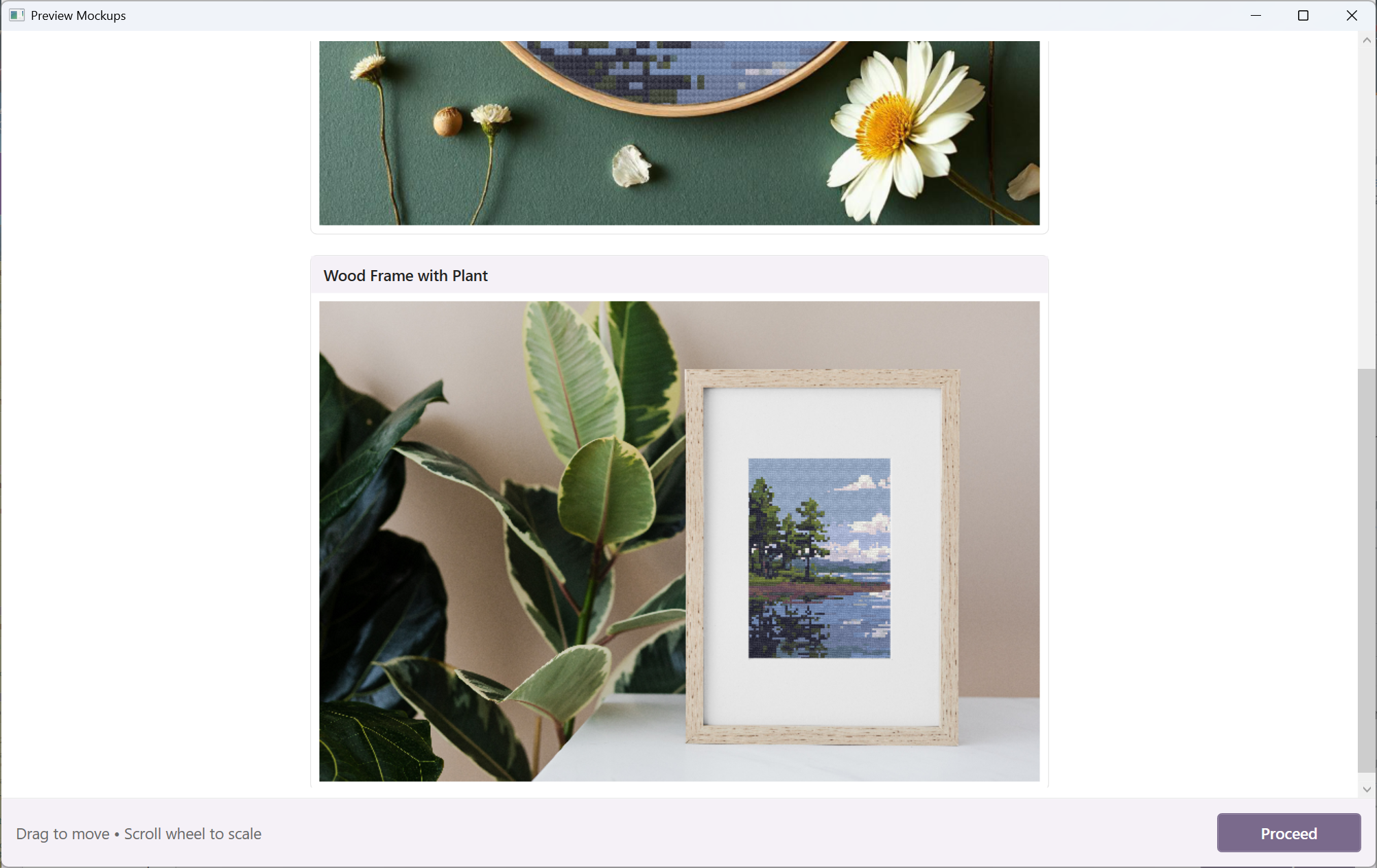 Mockup preview - pattern in a wood frame beside a plant