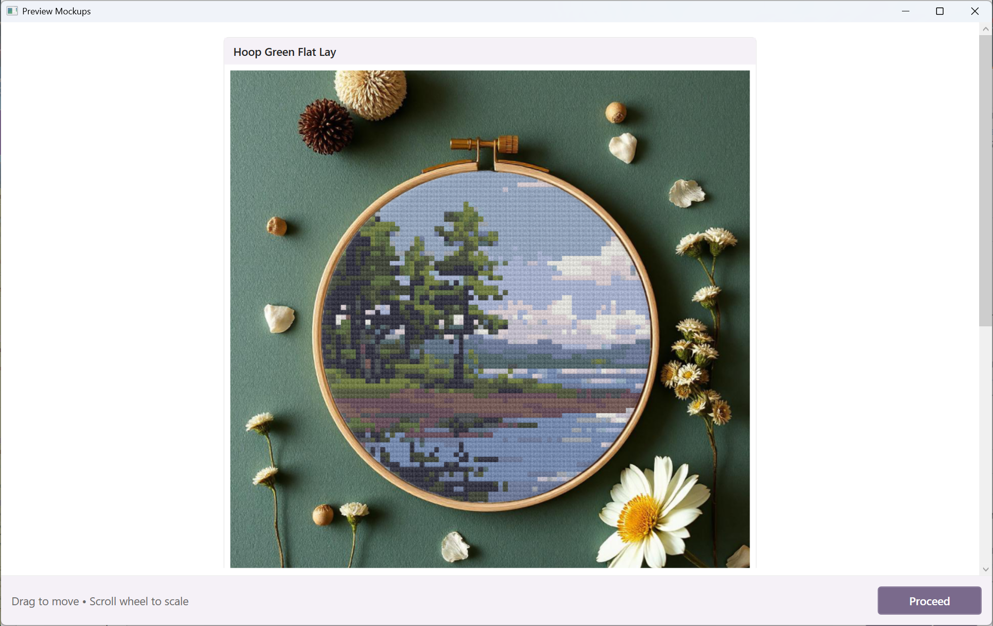 Mockup preview - pattern placed inside an embroidery hoop flat lay