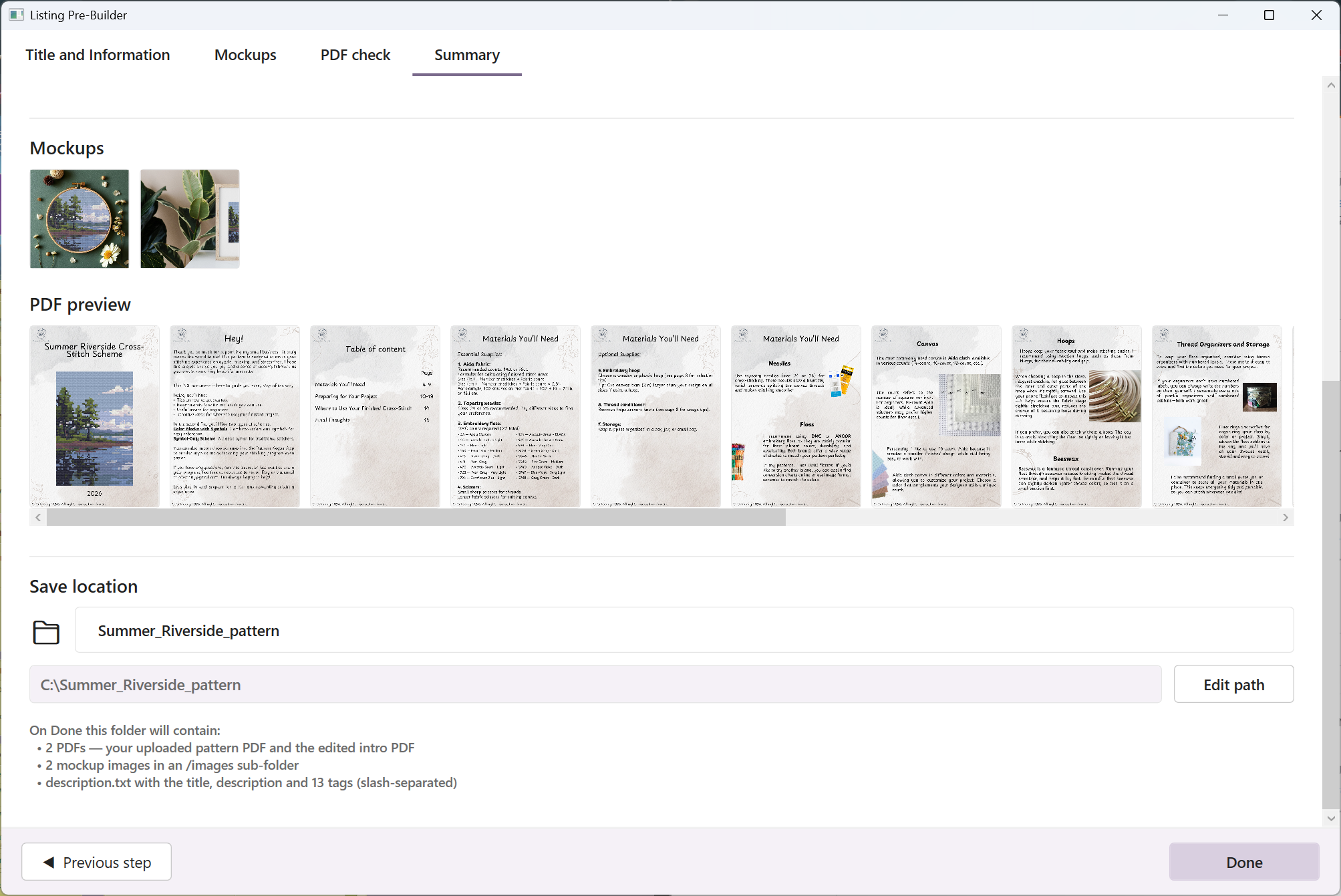 Summary tab showing the final ready-to-upload bundle and save location